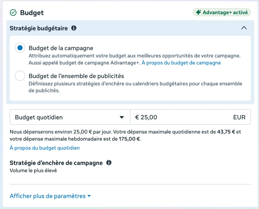 Réglage d'un budget quotidien de 25 € au niveau de la campagne dans le Gestionnaire de publicités Meta, avec dépense maximale quotidienne et hebdomadaire