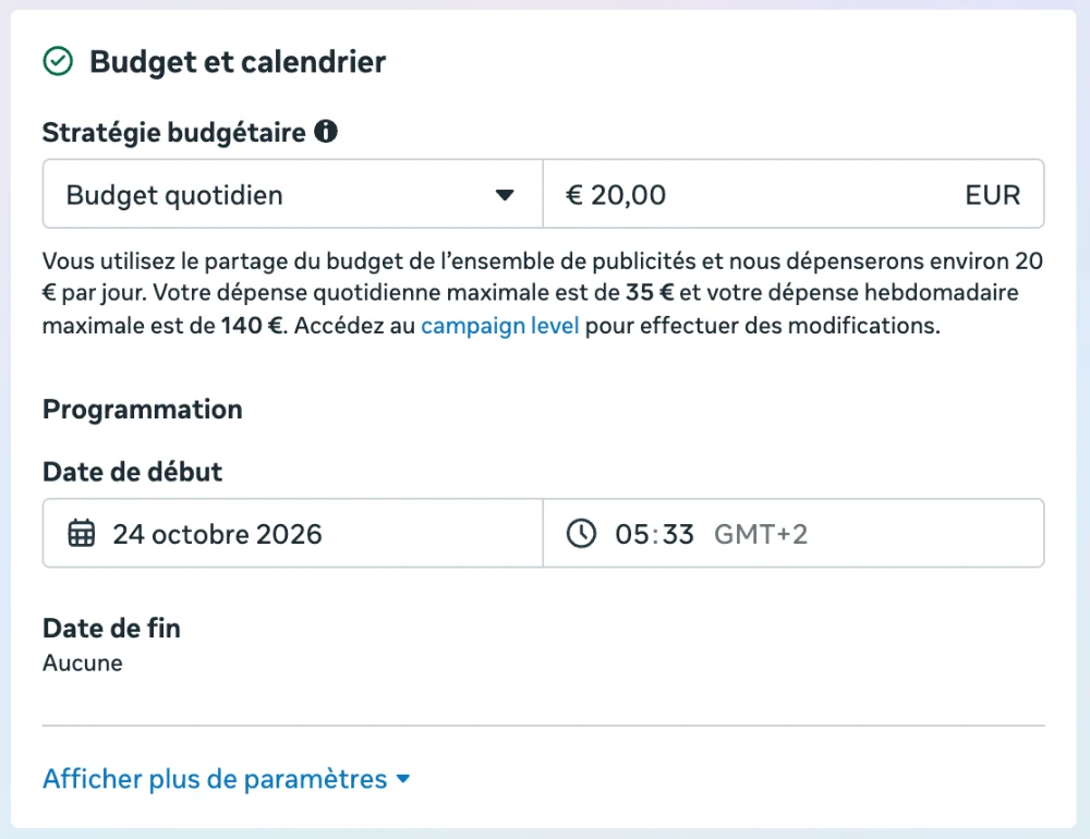 Réglage d'un budget quotidien de 20 € au niveau de l'ensemble de publicités dans le Gestionnaire de publicités Meta